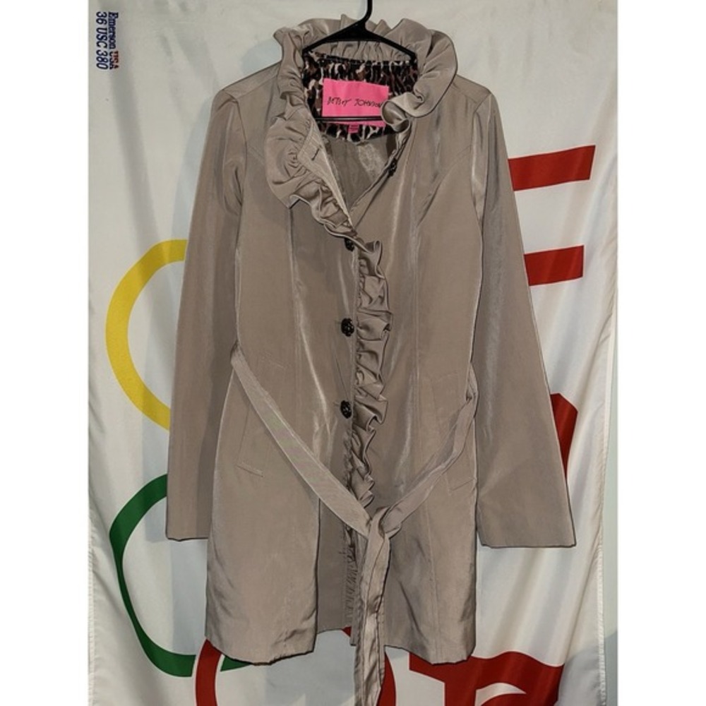 Betsey Johnson Belted Ruffle Trench‎ Coat Womens Large Rose Buttons Jacket Khaki